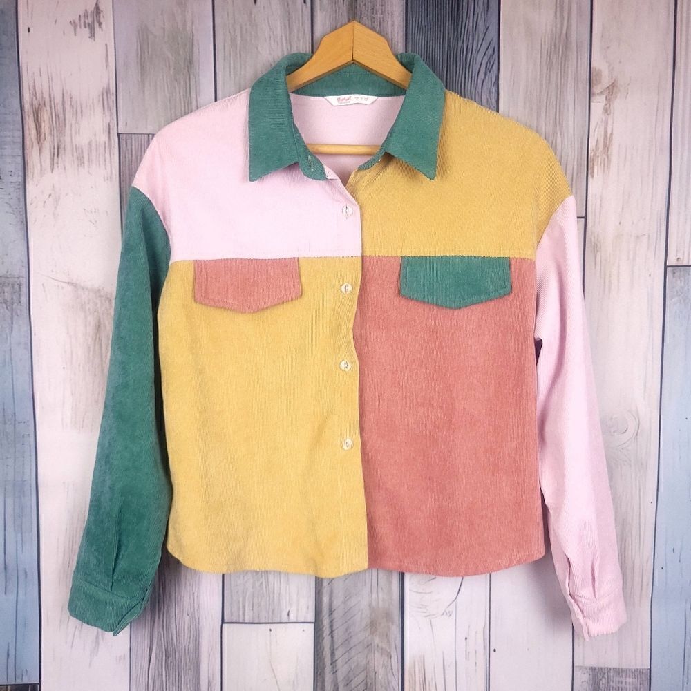 Romwe Colorblock Corduroy Jacket Shirt Pink Geeen Yellow Orange Size Small